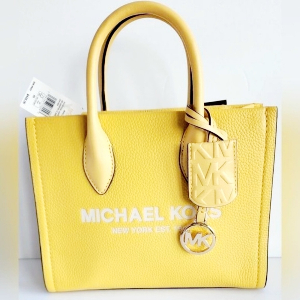 Michael Kors Mirella Logo TOTE Shopper Crossbody Bag Daffodil Yellow LEATHER